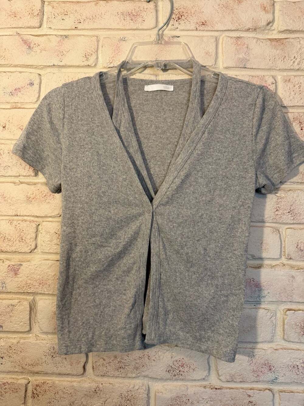 Zara Grey Ribbed Short Sleeve V-Neck Double Layer Top Size S